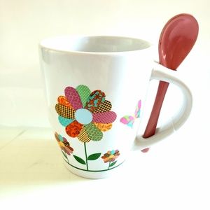 White Floral Butterfly Coffee Mug with Spoon